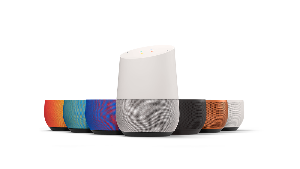 Google Home and its interchangeable speaker casings in different colors.