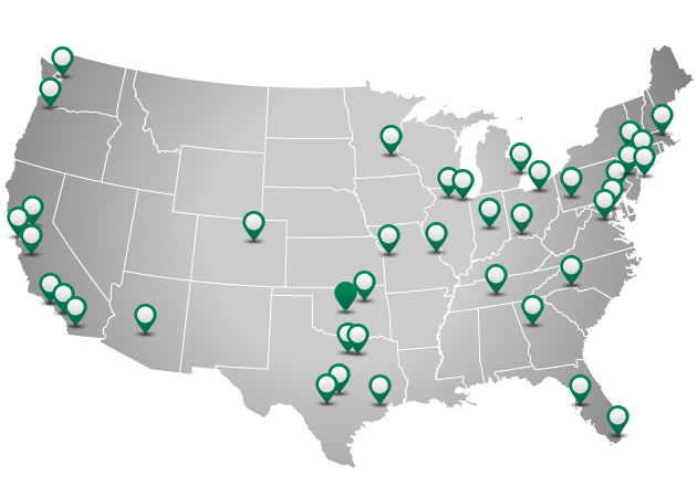 map of U.S. with Paycom offices highlighted