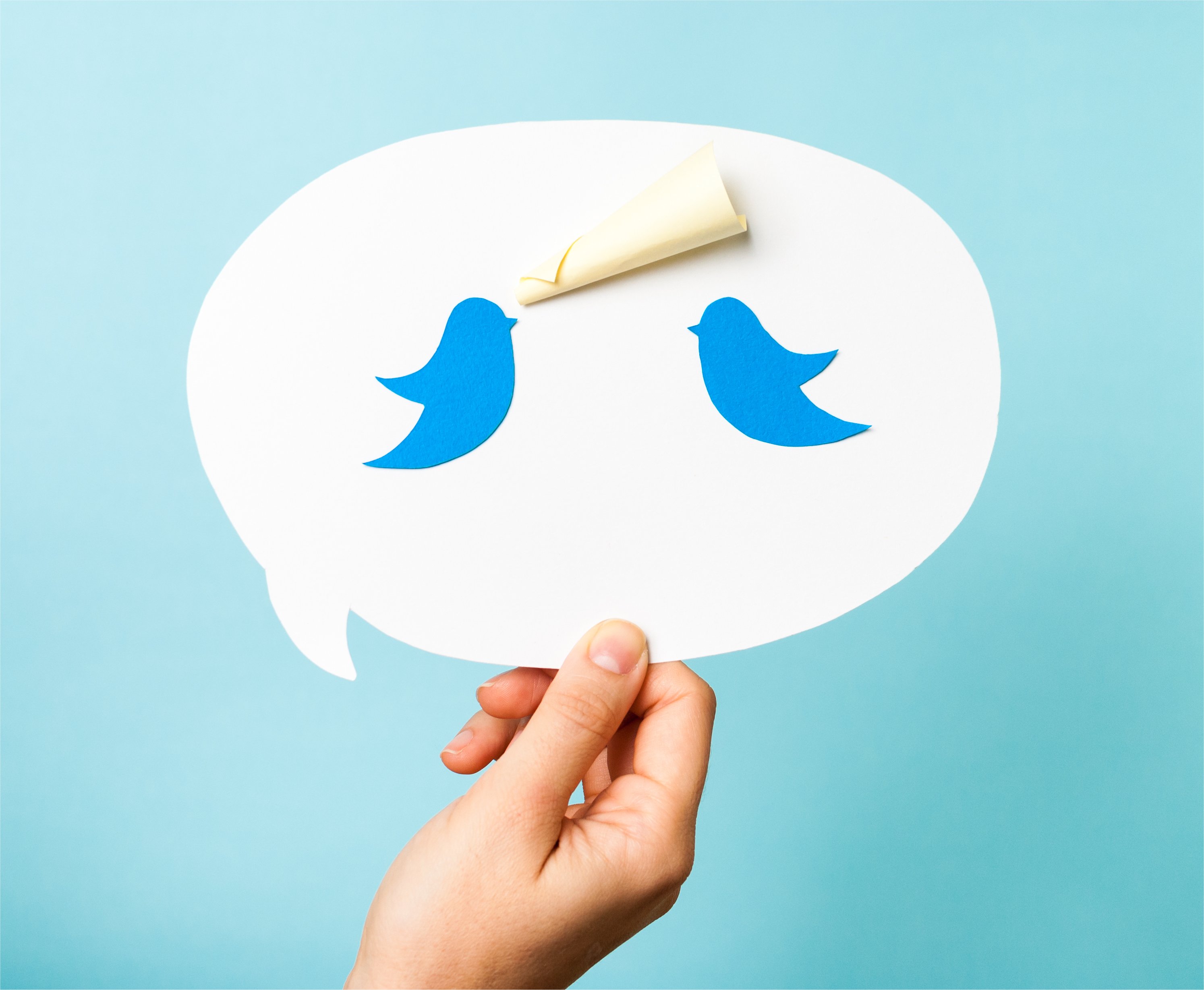A hand holding a speech bubble with two Twitter bluebirds.