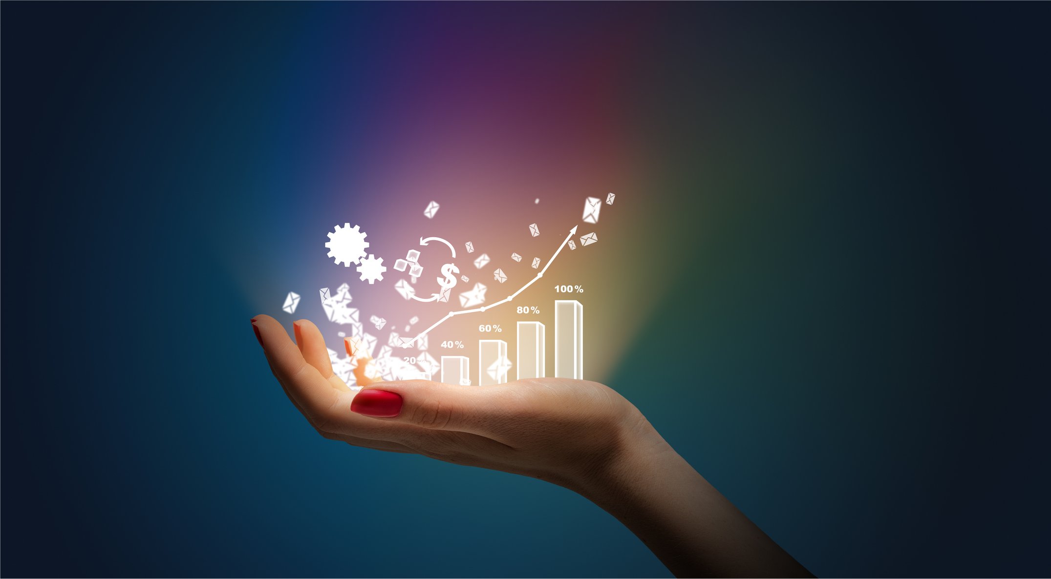 A graphical representation of financial growth from a woman's hand.