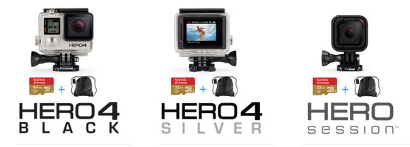 GoPro's popular Hero 4 lineup (Black, Silver, Session).
