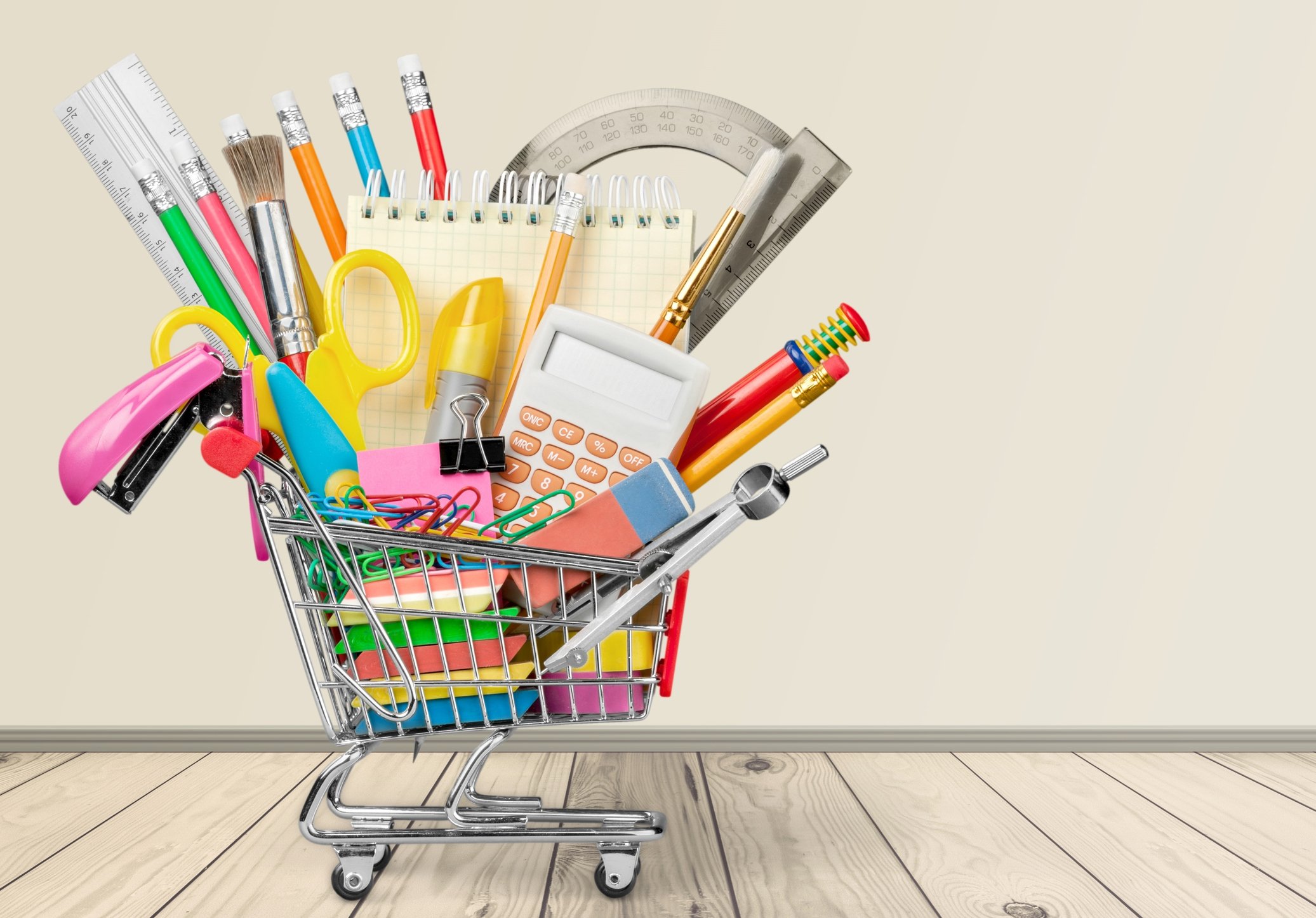 Office Supplies in a Miniature Shopping Cart