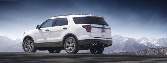 A rear three-quarter view of the 2018 Ford Explorer.