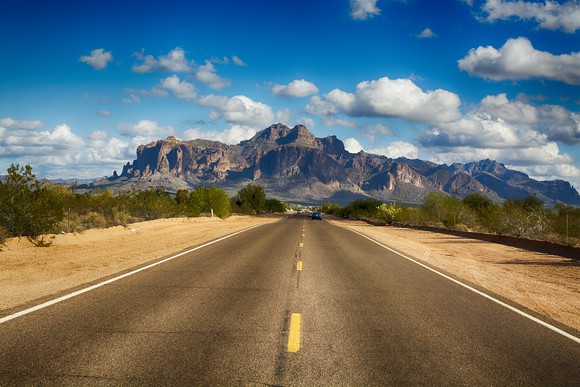 Image of the road to Superstition Mountain in Arizona. 