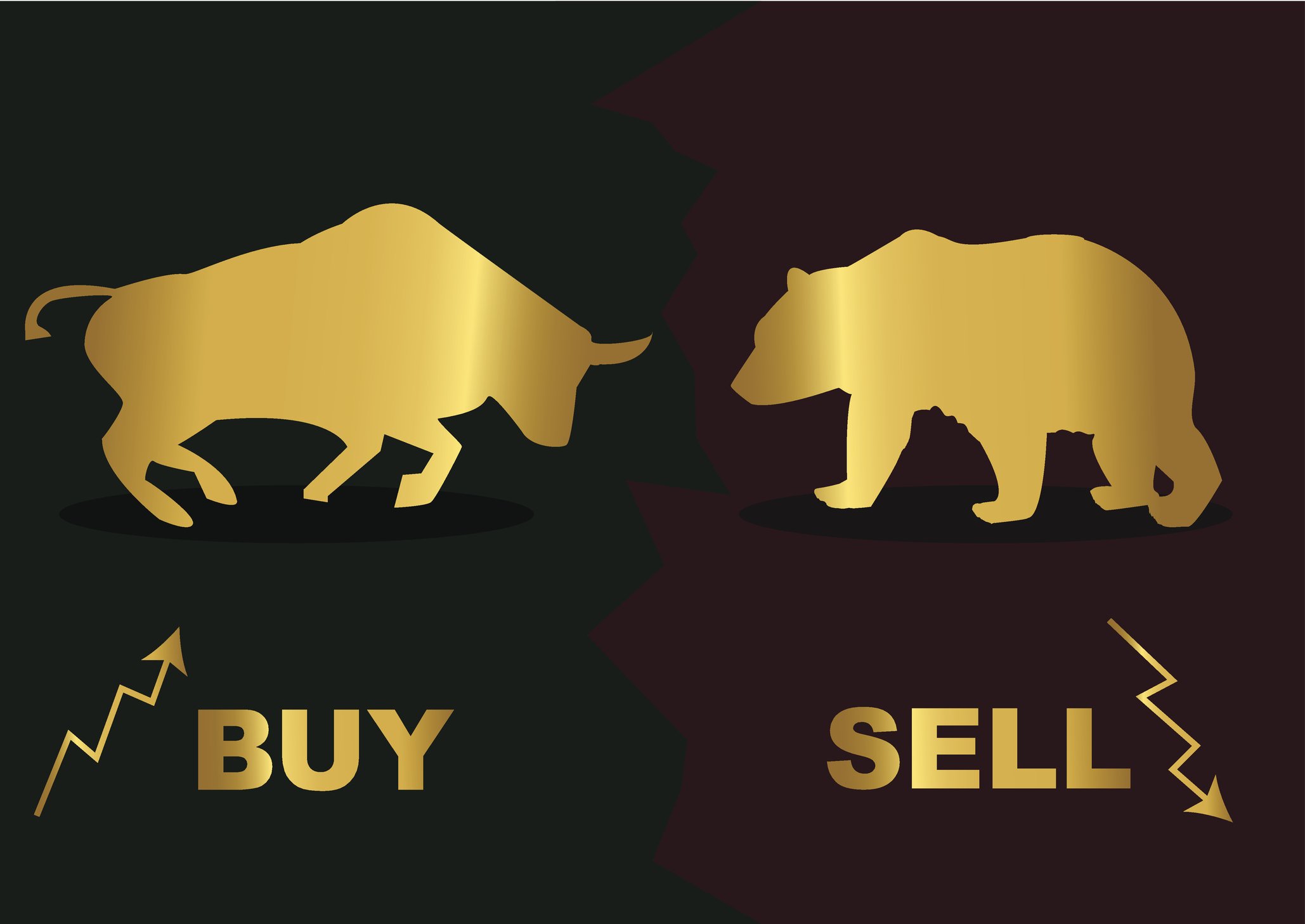 The words "buy" and "sell" under a bull fighting a bear