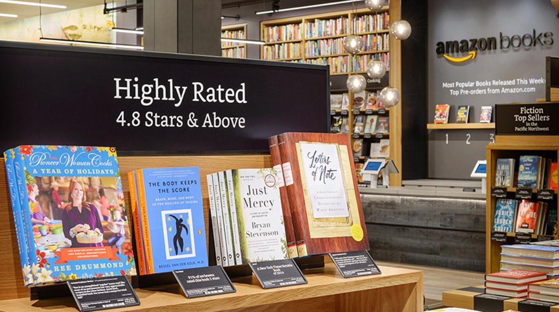Books on table in an Amazon Books store.