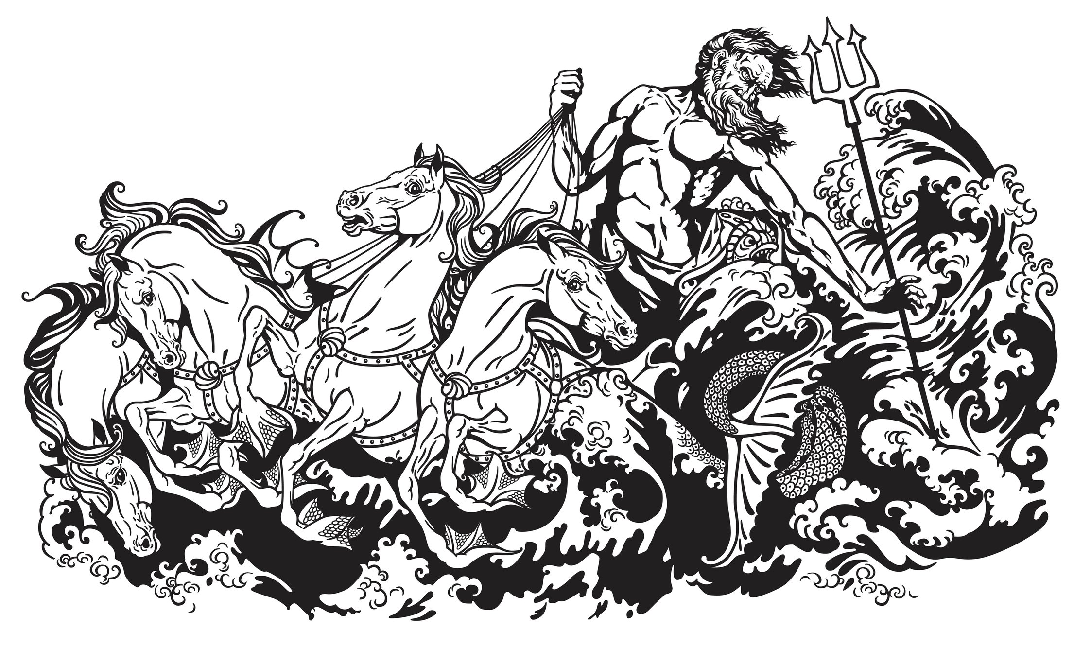 Black and white print of Greek god Poseidon.
