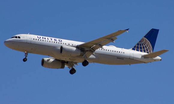 A United Airlines plane in the air.