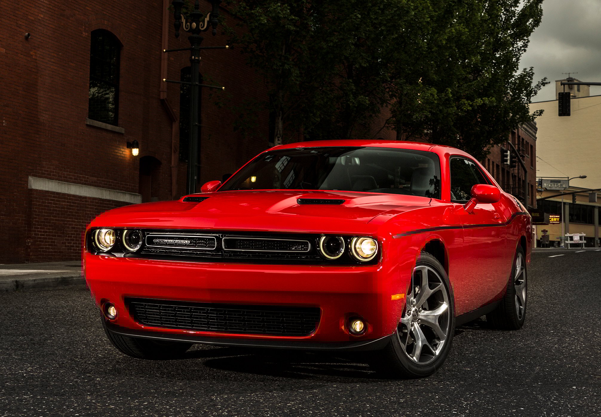 A red Dodge Challenger coupe