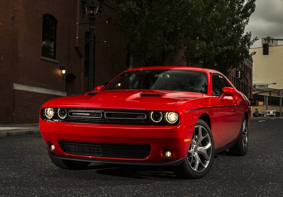 A red Dodge Challenger coupe