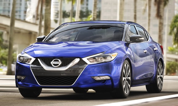 A blue Nissan Maxima sedan