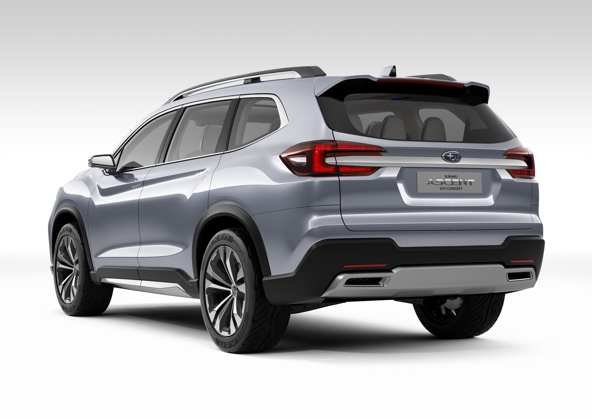 The Subaru Ascent SUV Concept, a silver SUV viewed from a rear three-quarter angle