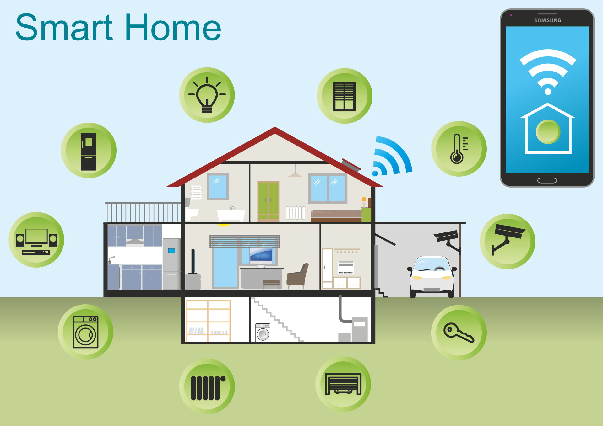 Animated image of home surrounded by icons representing home automation devices.