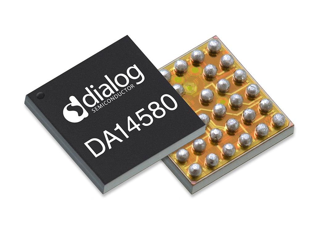 A Dialog Semiconductor chip, both front and back. 