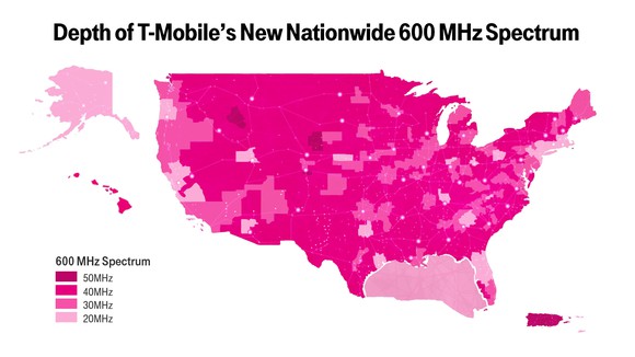 A map of T-Mobile's 600 MHz spectrum holdings.