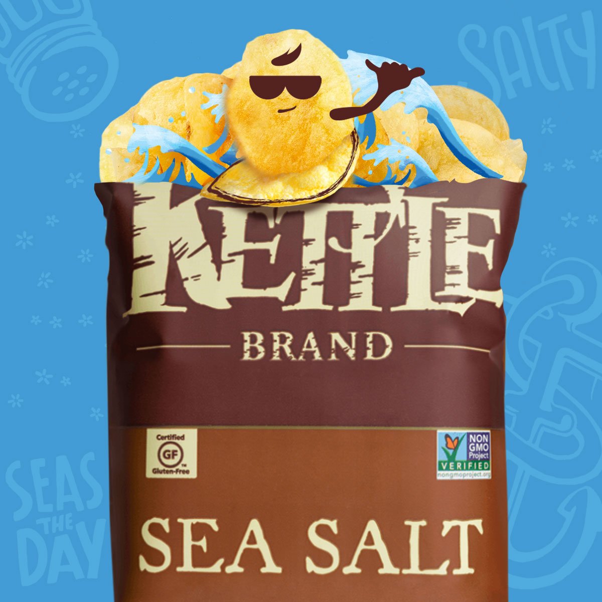 A bag of Kettle Chips with animated potatoes popping out.