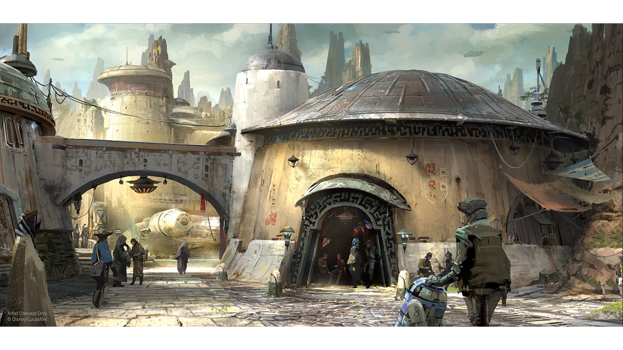 Concept art of a cityscape in Star Wars Land