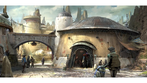Concept art of a cityscape in Star Wars Land