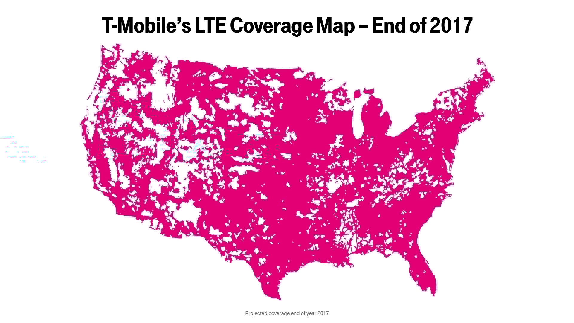 Map showing T-Mobile's expected LTE coverage by the end of 2017