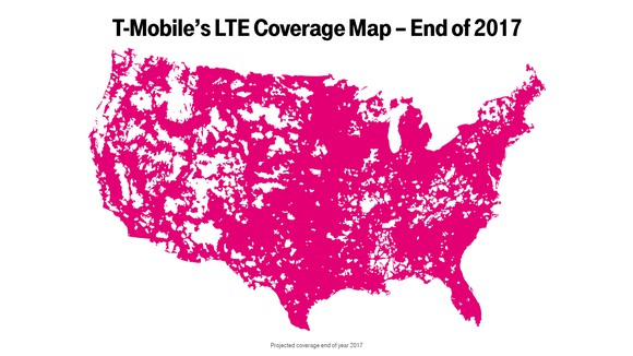 Map showing T-Mobile's expected LTE coverage by the end of 2017