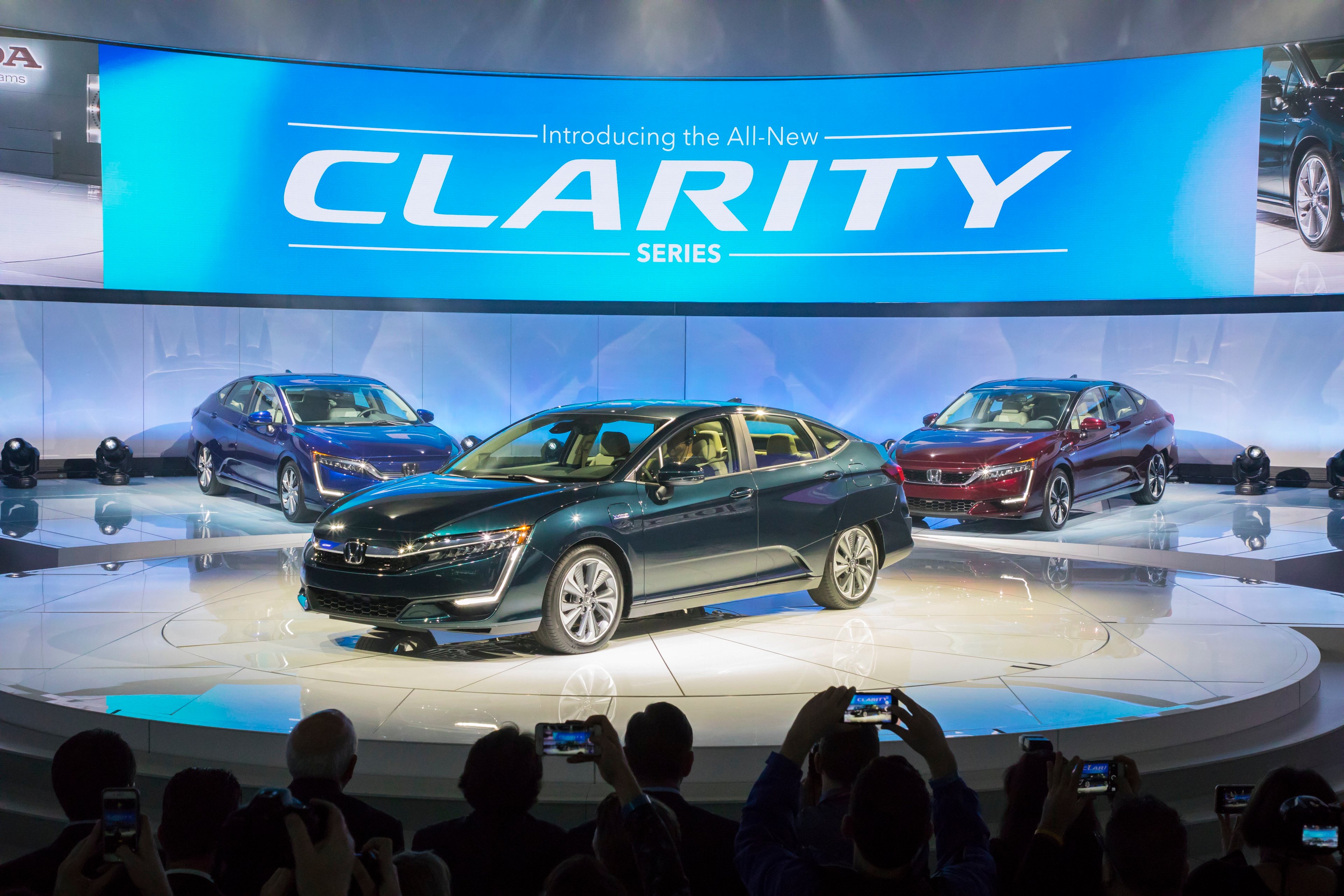 The 3 Honda Clarity sedans on display at the New York International Auto Show.