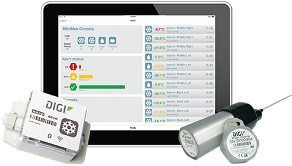 A picture of Digi's Honeycomb service, which includes a thermometer, a gateway for gathering data, and a mobile app for employees to monitor information from.