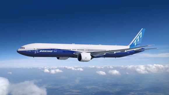 Boeing 777 in flight.