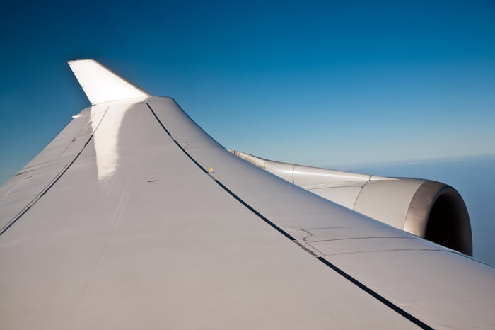 A plane wing showing a winglet 