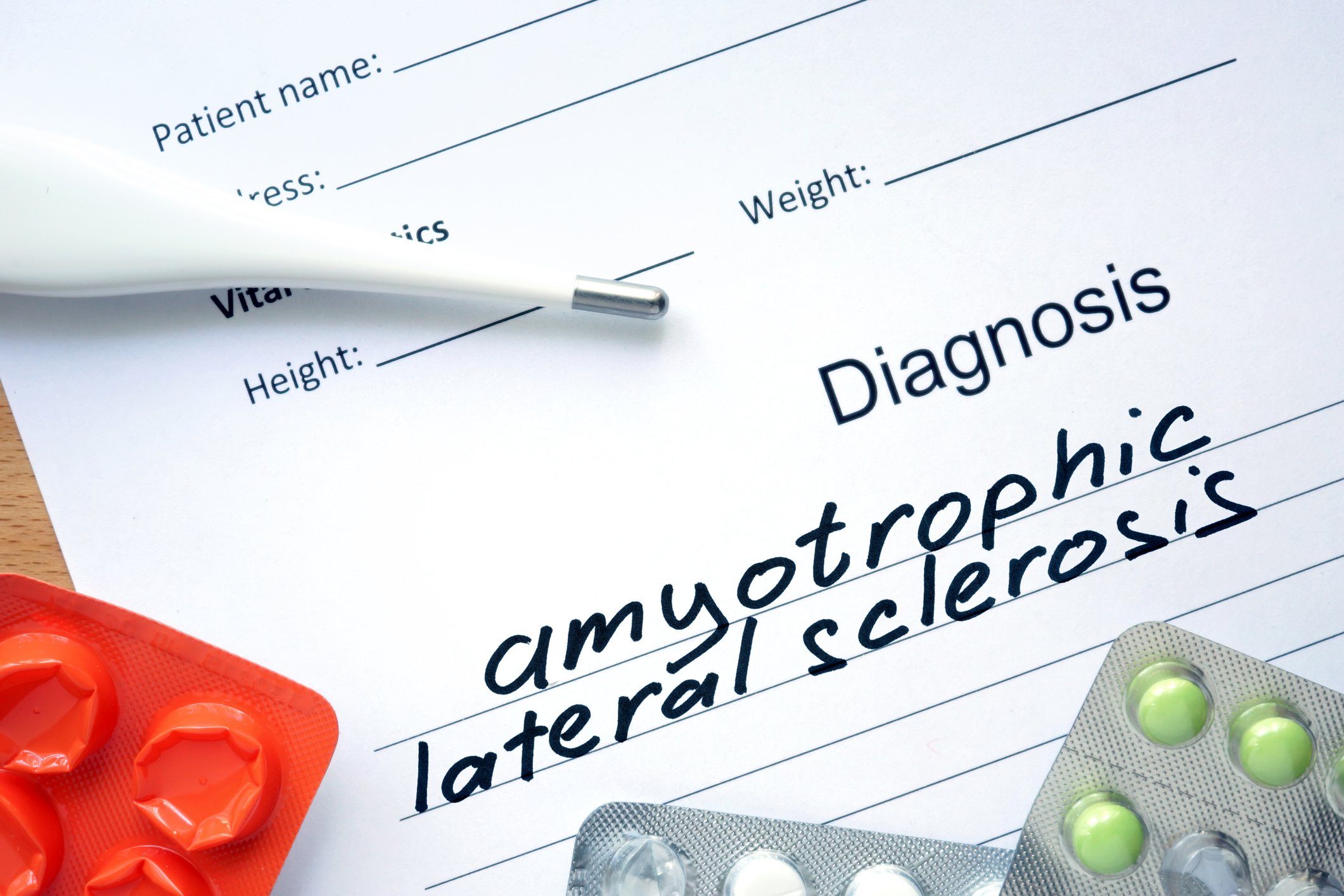 Diagnostic form with diagnosis Amyotrophic lateral sclerosis (ALS) and pills