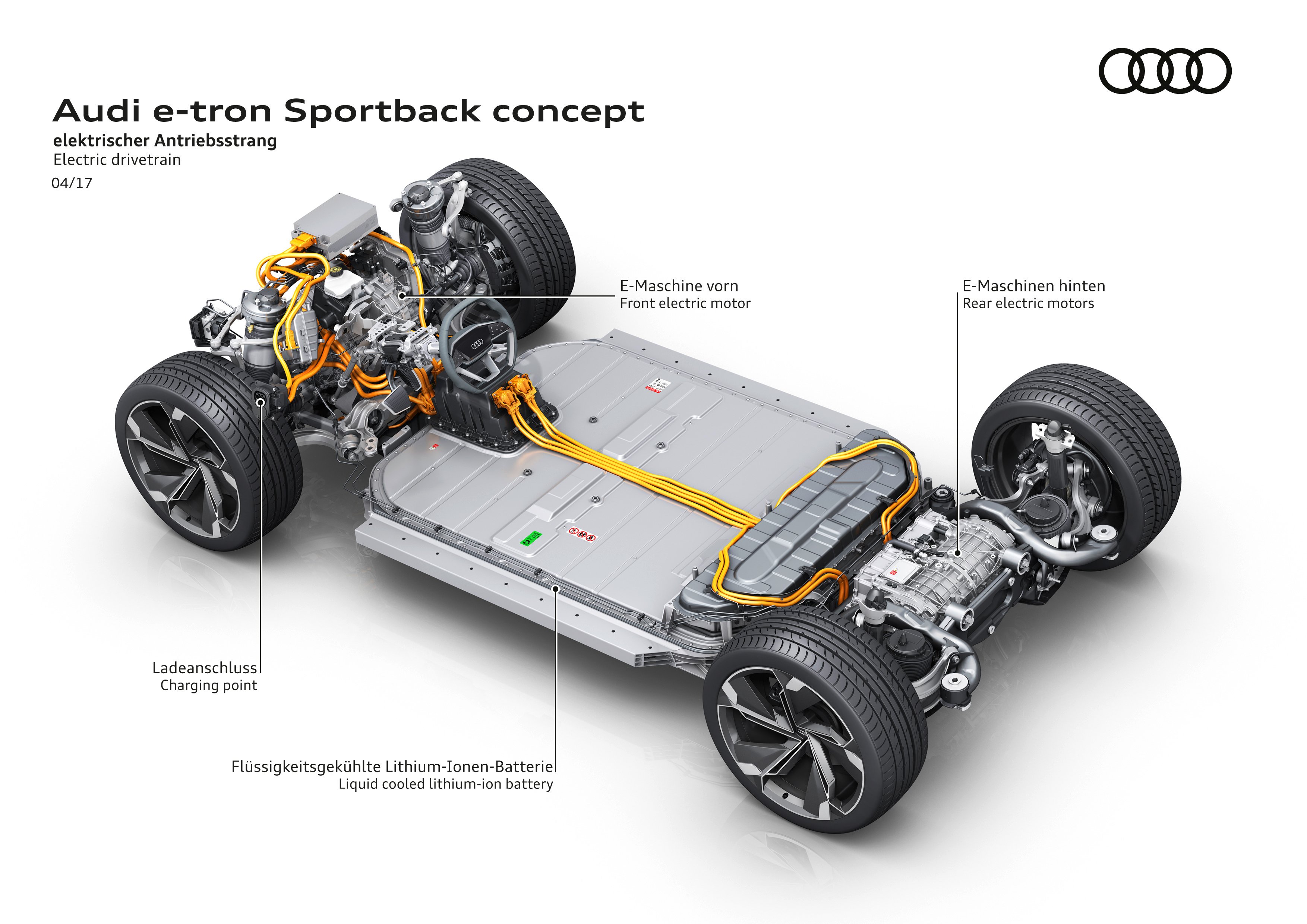 A cutaway illustration showing the e-tron Sportback's motors and battery pack
