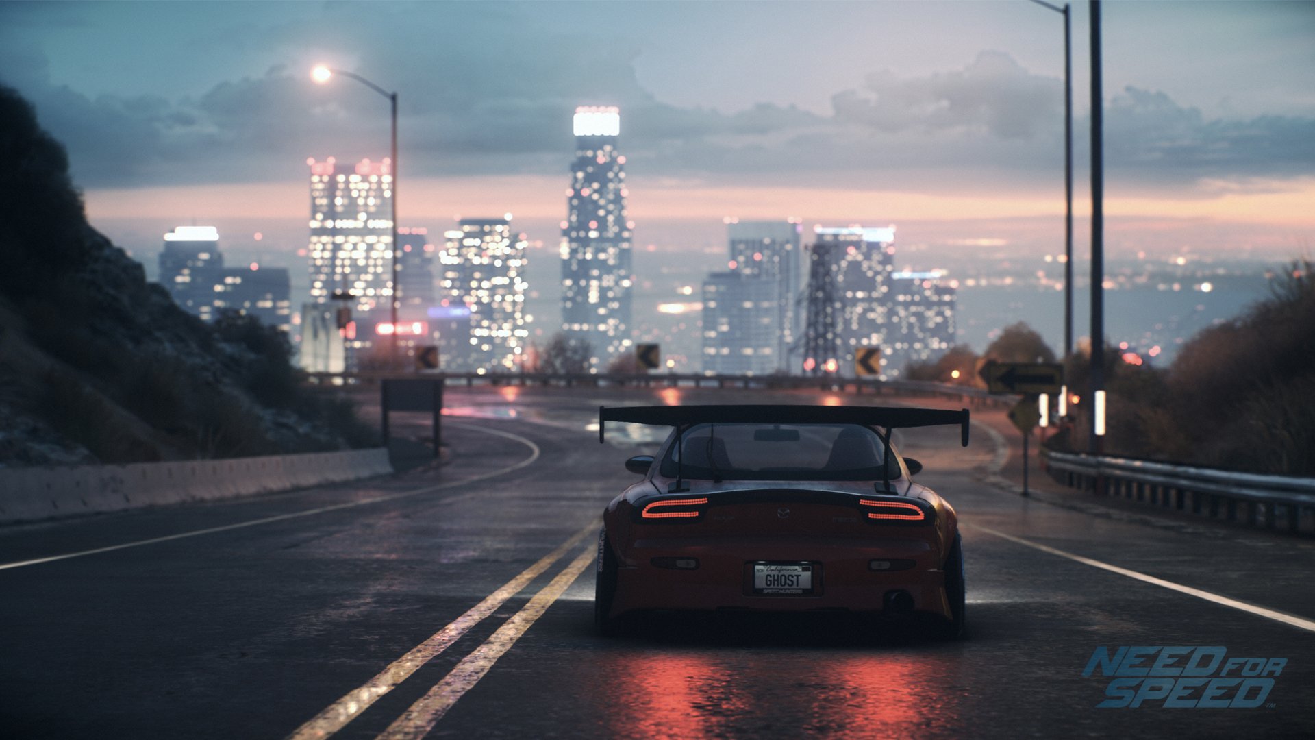 Screenshot of sports car driving down road in Need for Speed video game.