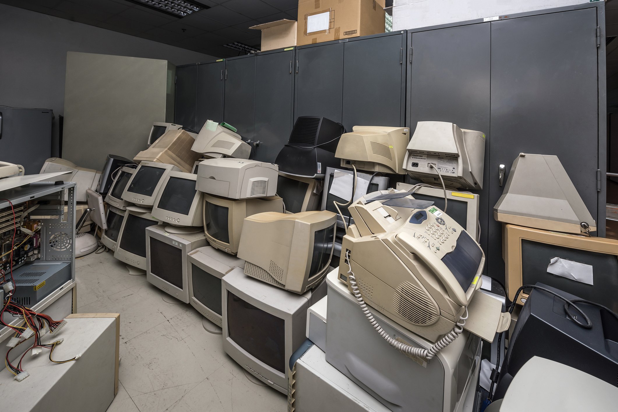 A room full of very old desktop computers