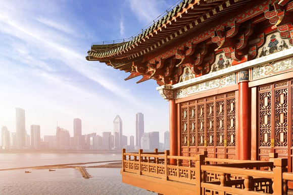 Traditional Chinese architecture set against a modern skyline.