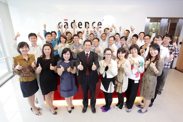 A group of Cadence employees in Taiwan give a thumbs up. 