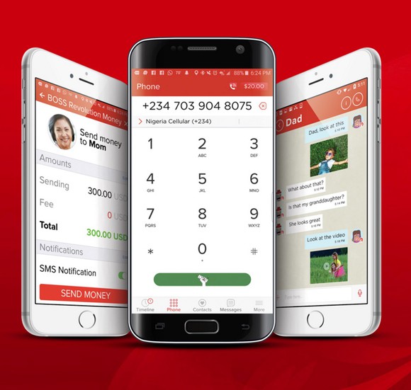 A picture of three smartphones, each one displaying a different BOSS Revolution app.