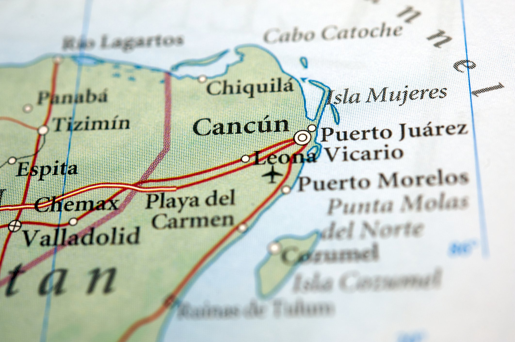Close-up of Cancun on a map.