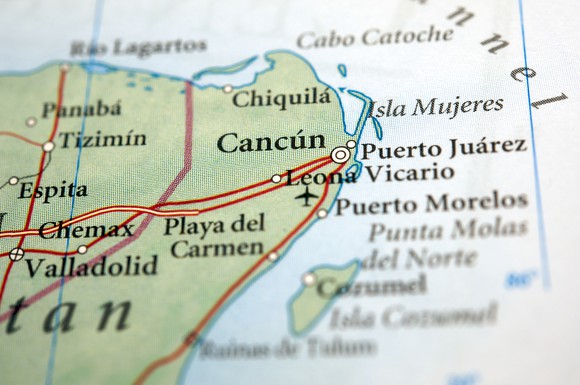 Close-up of Cancun on a map.