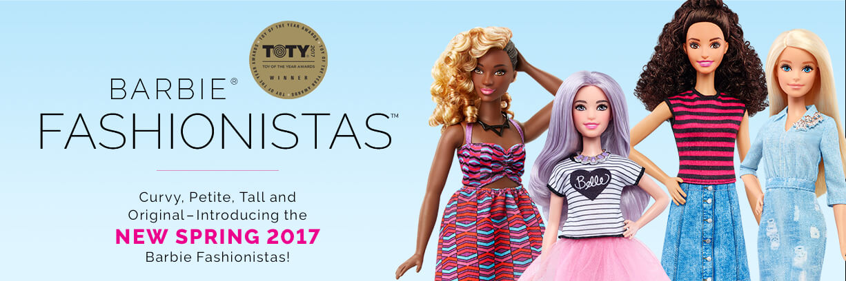 Barbie Fashionistas in a variety of body types, colors, and face shapes.