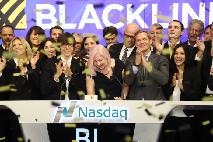 CEO of BlackLine rings the Nasdaq stock market opening bell in celebration of its IPO.