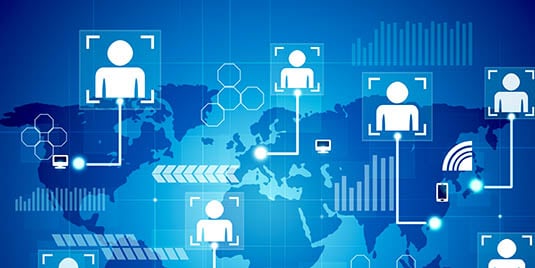 A blue world map showing connections around the globe being made between cell phones and computers.