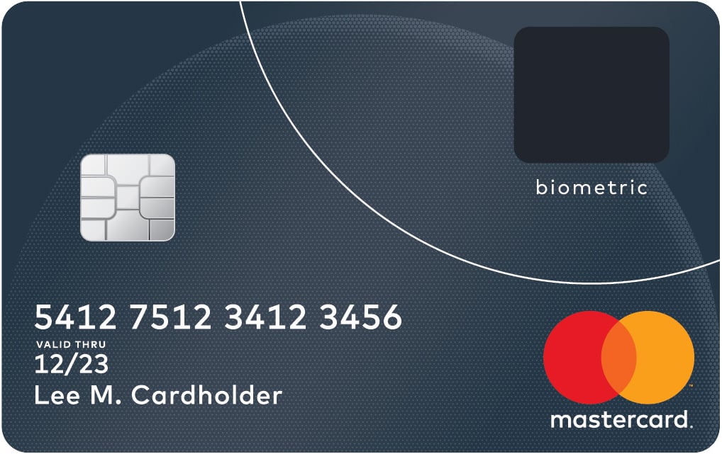 A sample Mastercard credit card with a biometric reader.