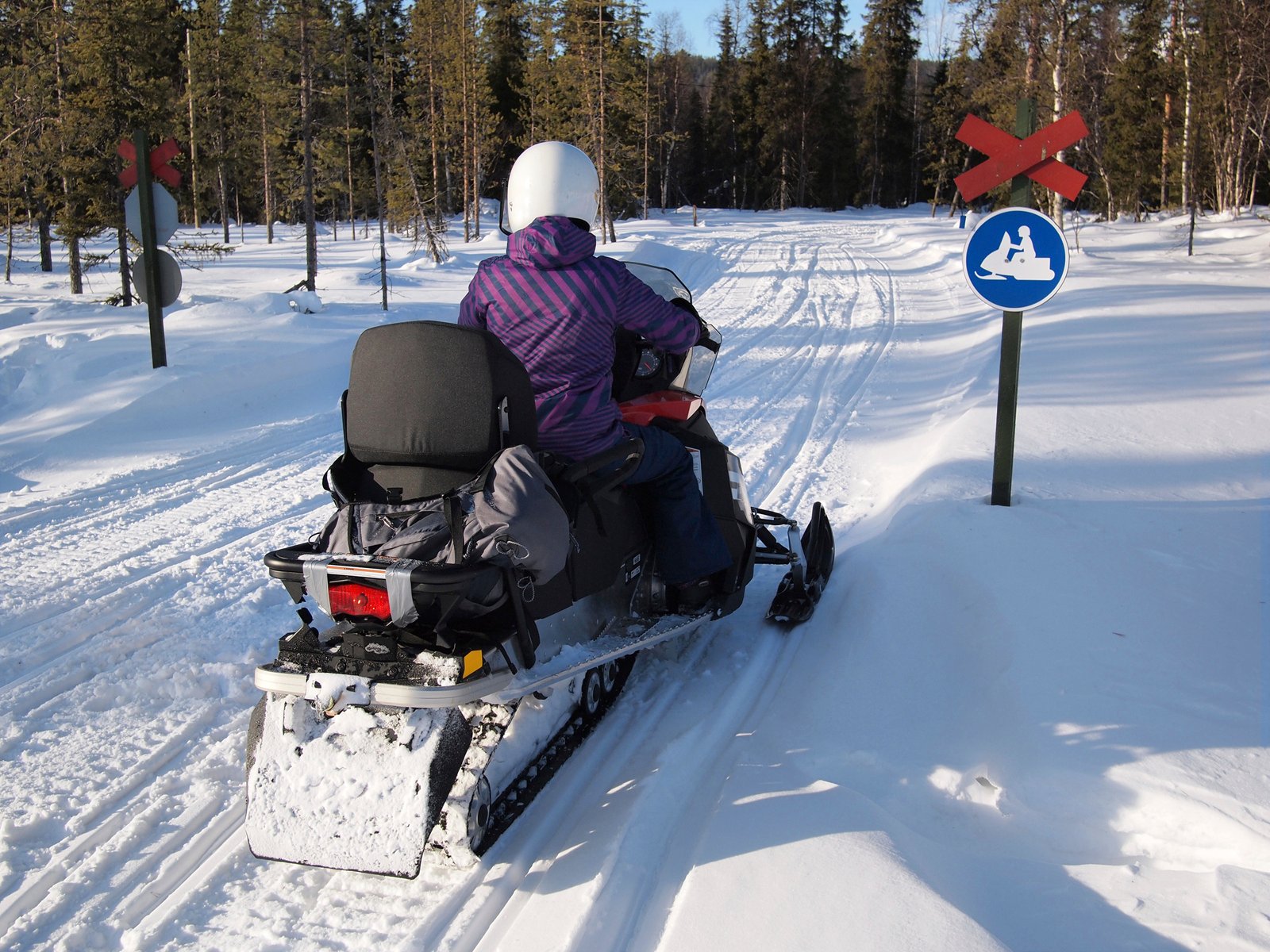Snowmobiler facing no snowmobiles sign.