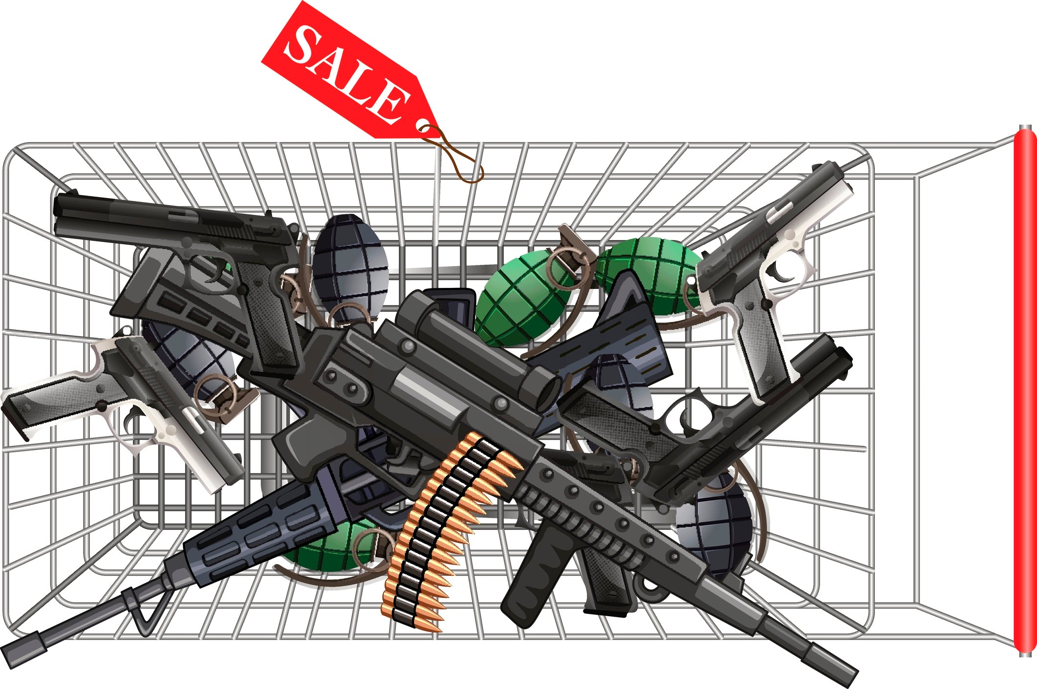 Overhead view of a shopping car full of guns.