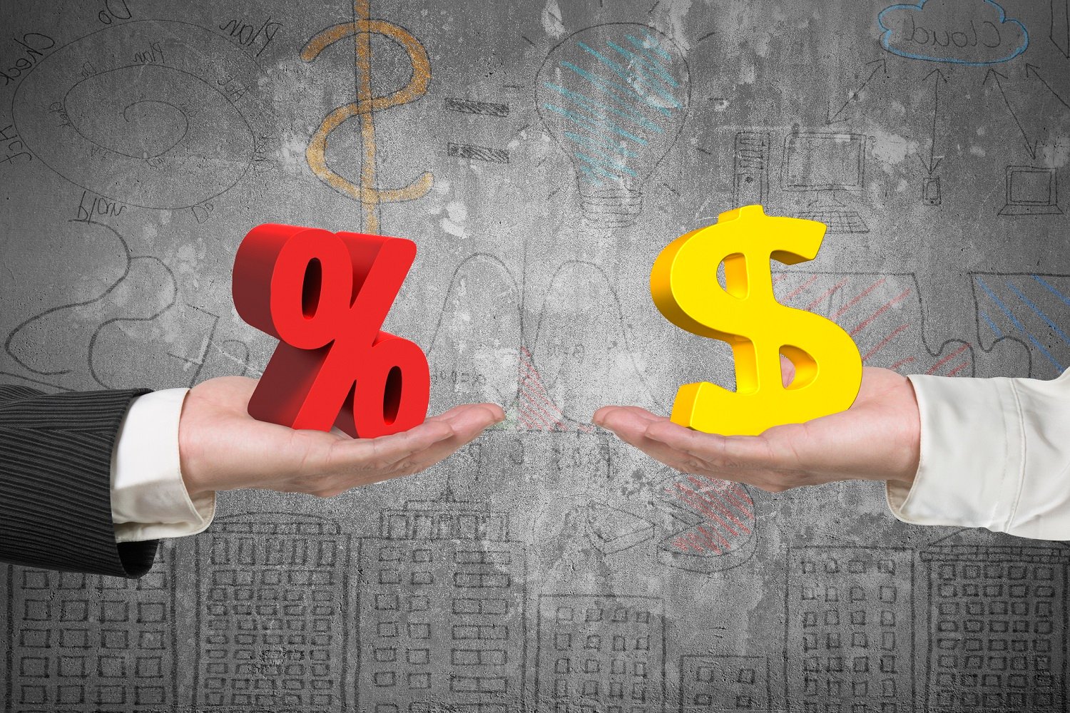 Two hands; one holding a percent sign, the other holding a dollar sign. 