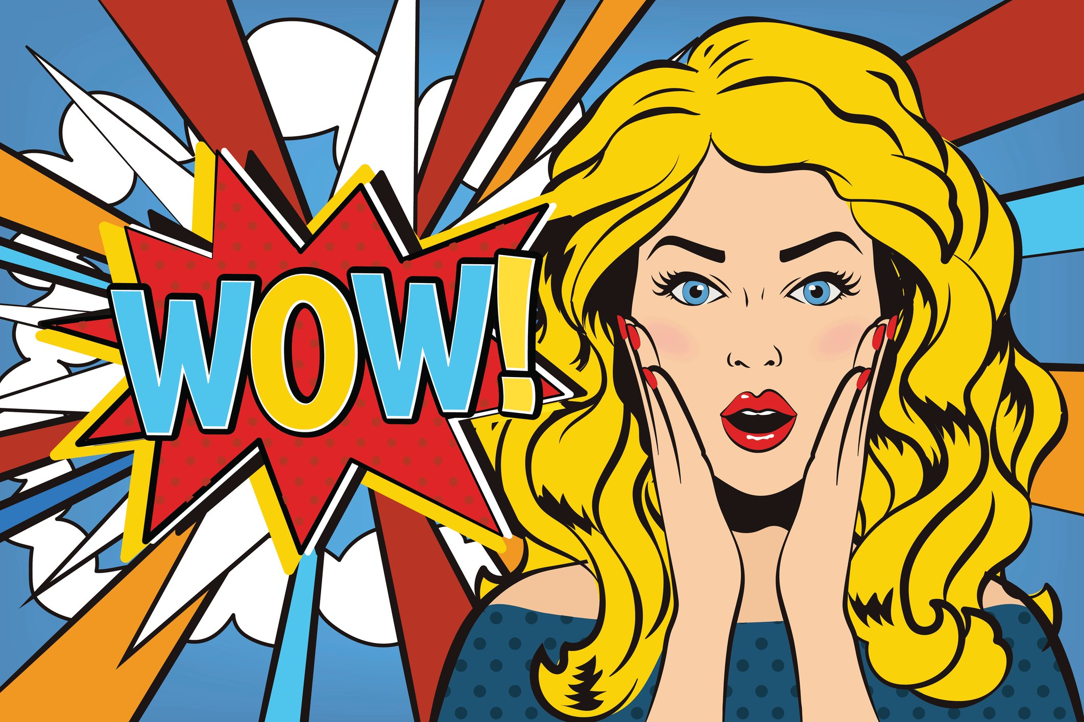 Cartoon-like illustration of woman looking shocked and the word "Wow!"