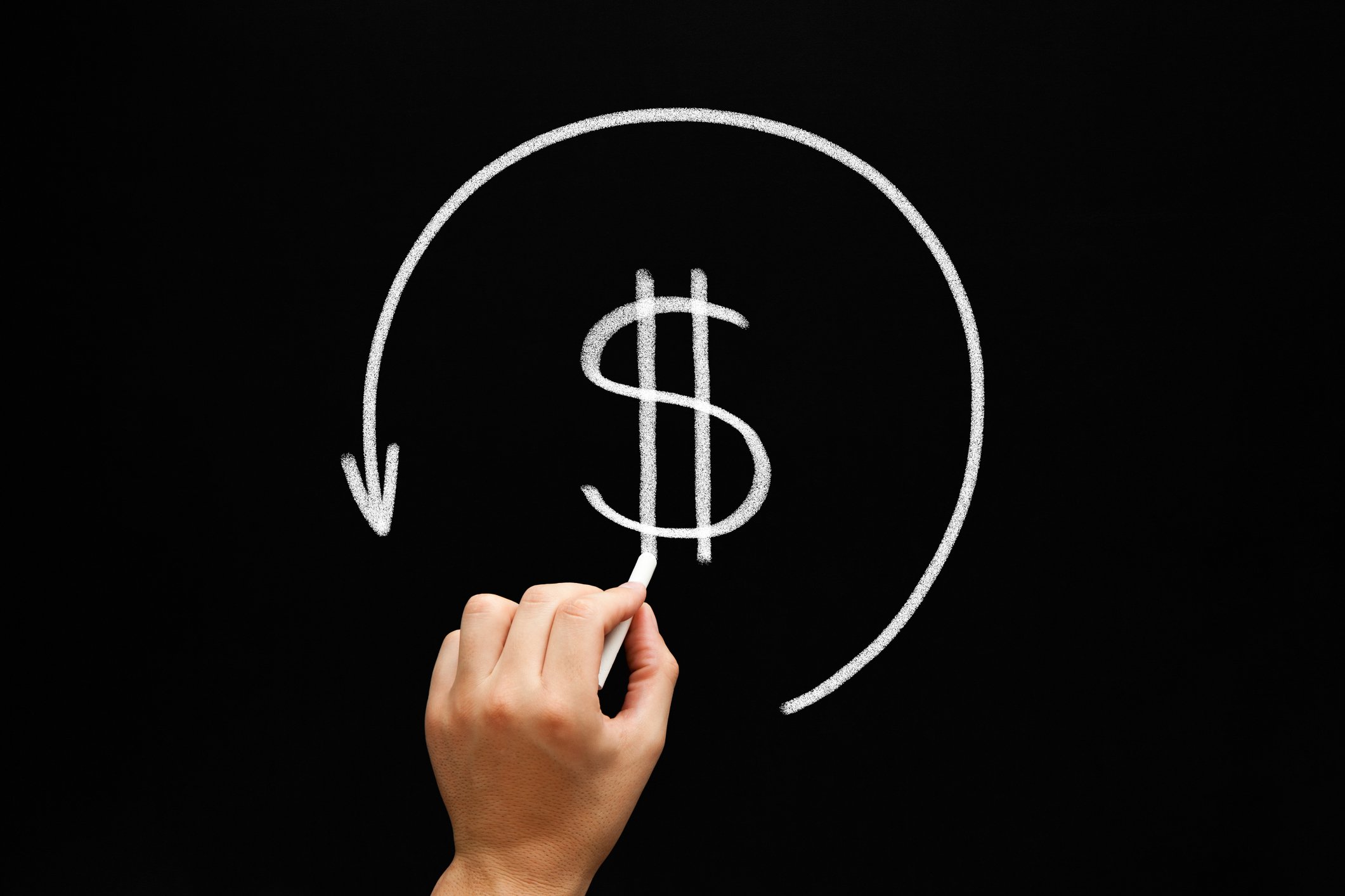 A dollar sign with an arrow meant to signify a rebate or money coming back
