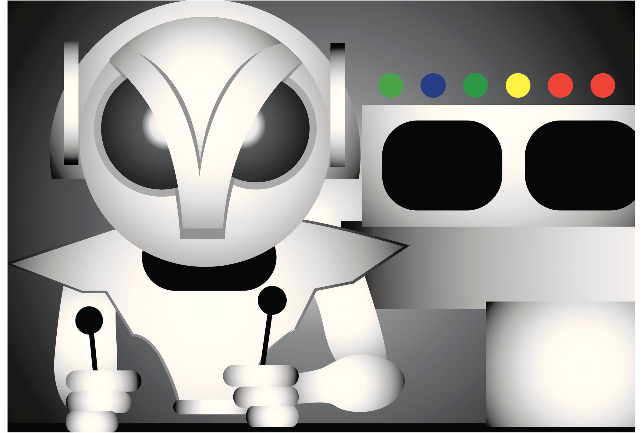 Illustration of a robot at spaceship controls.