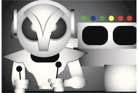 Illustration of a robot at spaceship controls.