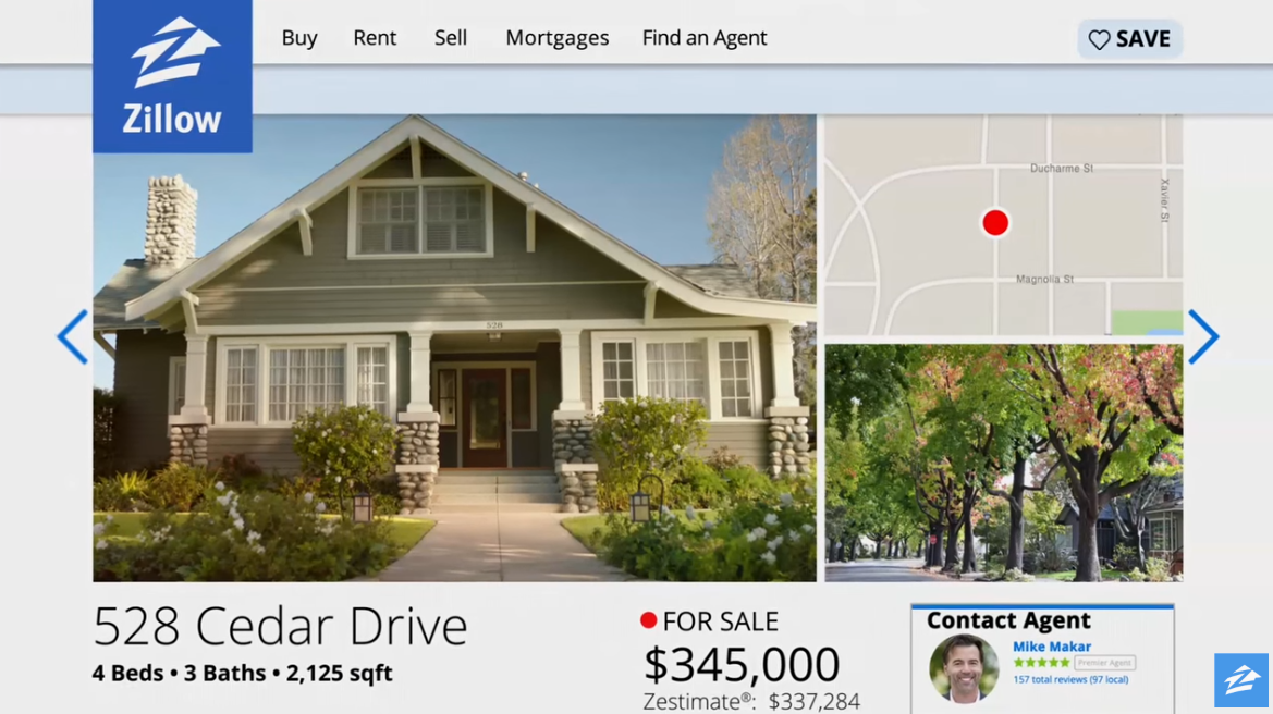 Zillow home page showing a home for sale.