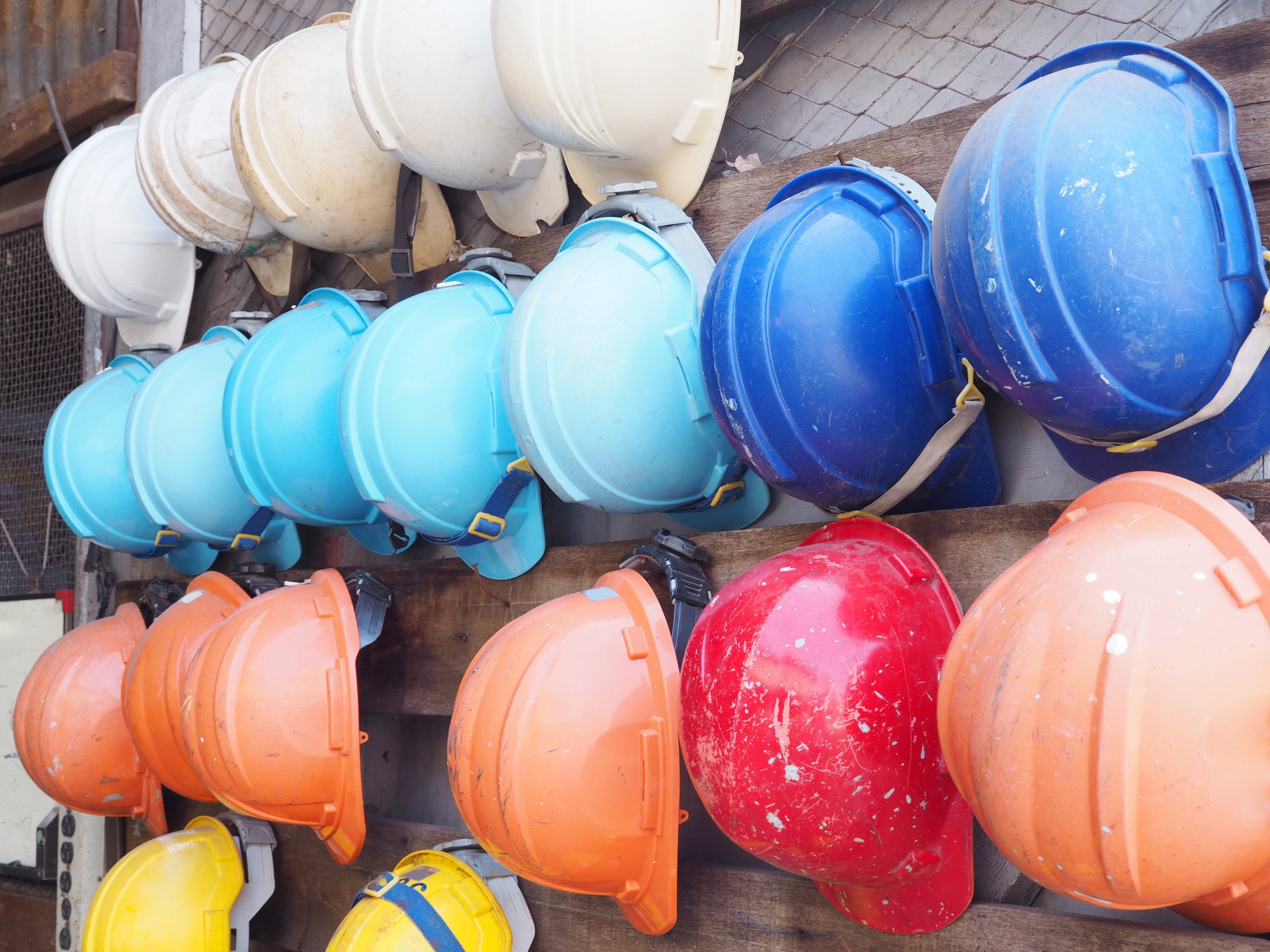 colorful construction helmets.